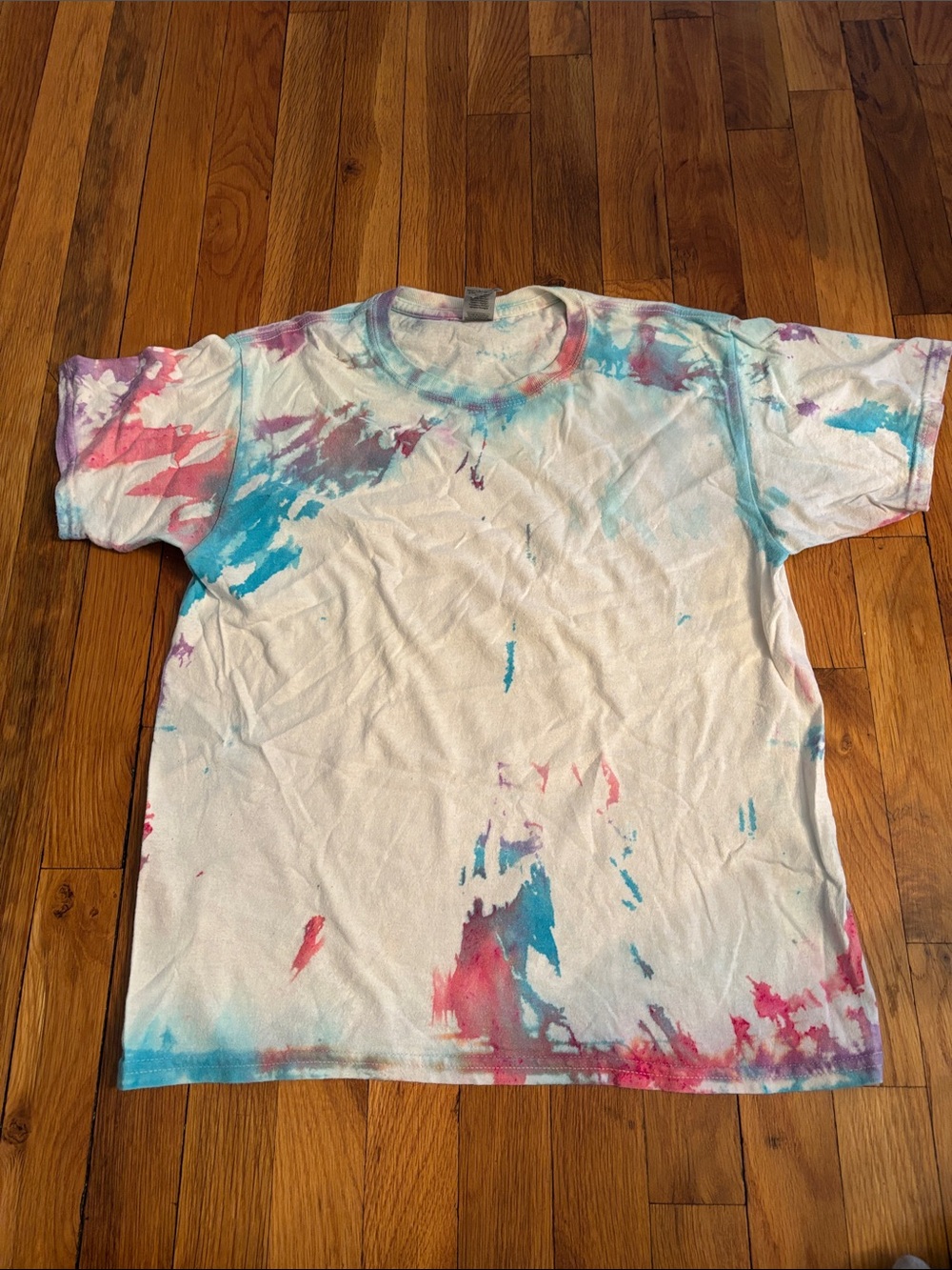 Gildan White Tee with Pink & Blue Tie-Dye Accents